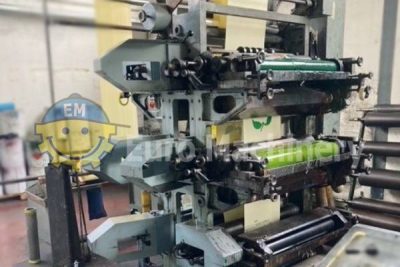 6-cio kolorowa prasa fleksograficzna pracująca w rzędzie z innymi maszynami, do druku na plastiku i papierze, o szerokości zadruku do 800 mm.
